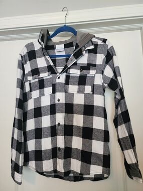 Columbia Black and White Buffalo Plaid Hooded Flannel Long Sleeve Shirt
